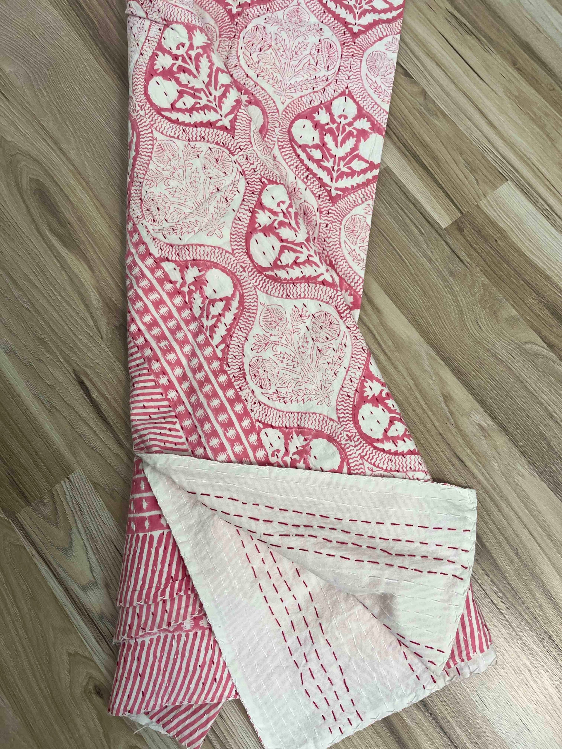 Antique Pink Block Print Cotton Kantha Quilt (Events)