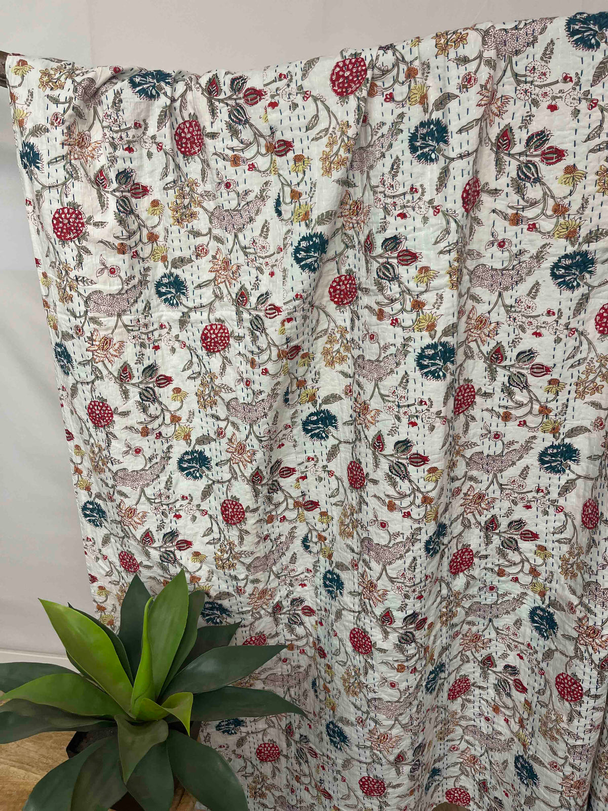 Wildflower Field Block Print Cotton Kantha Quilt