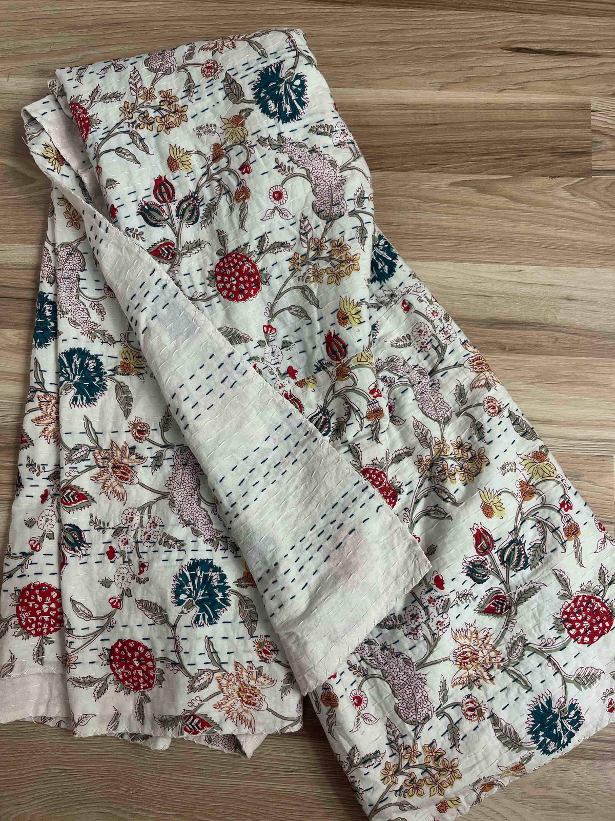 Wildflower Field Block Print Cotton Kantha Quilt