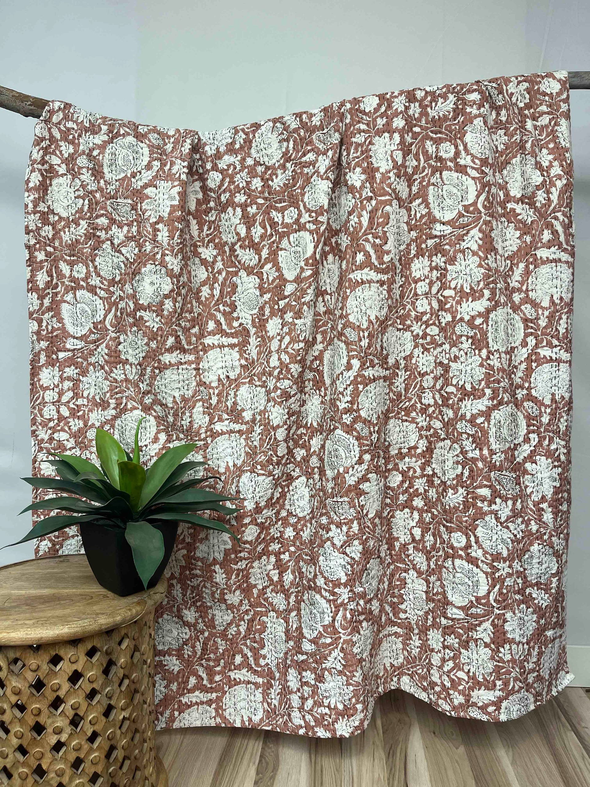 Brown Blooms Block Print Cotton Kantha Quilt (Events)