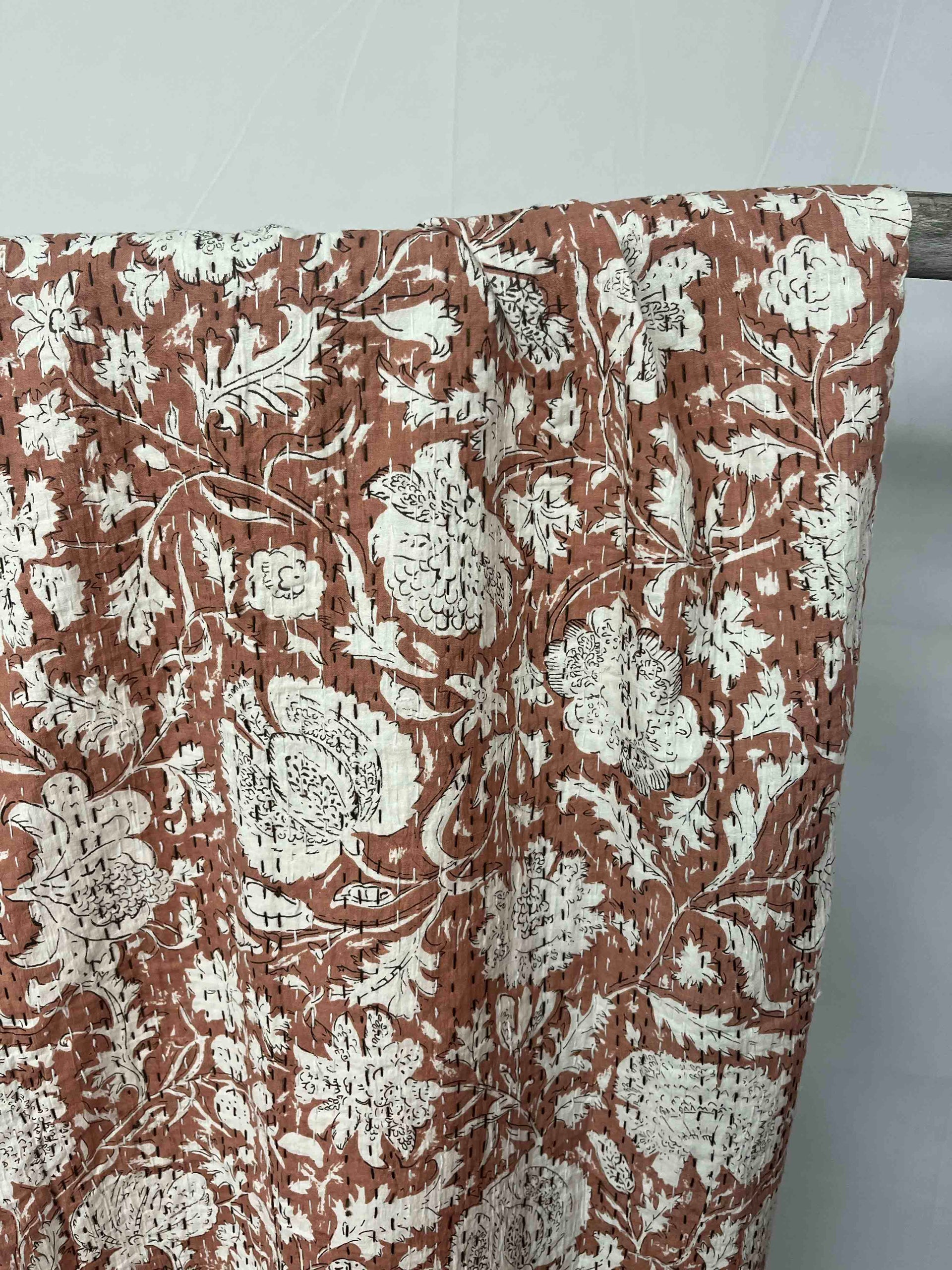 Brown Blooms Block Print Cotton Kantha Quilt (Events)