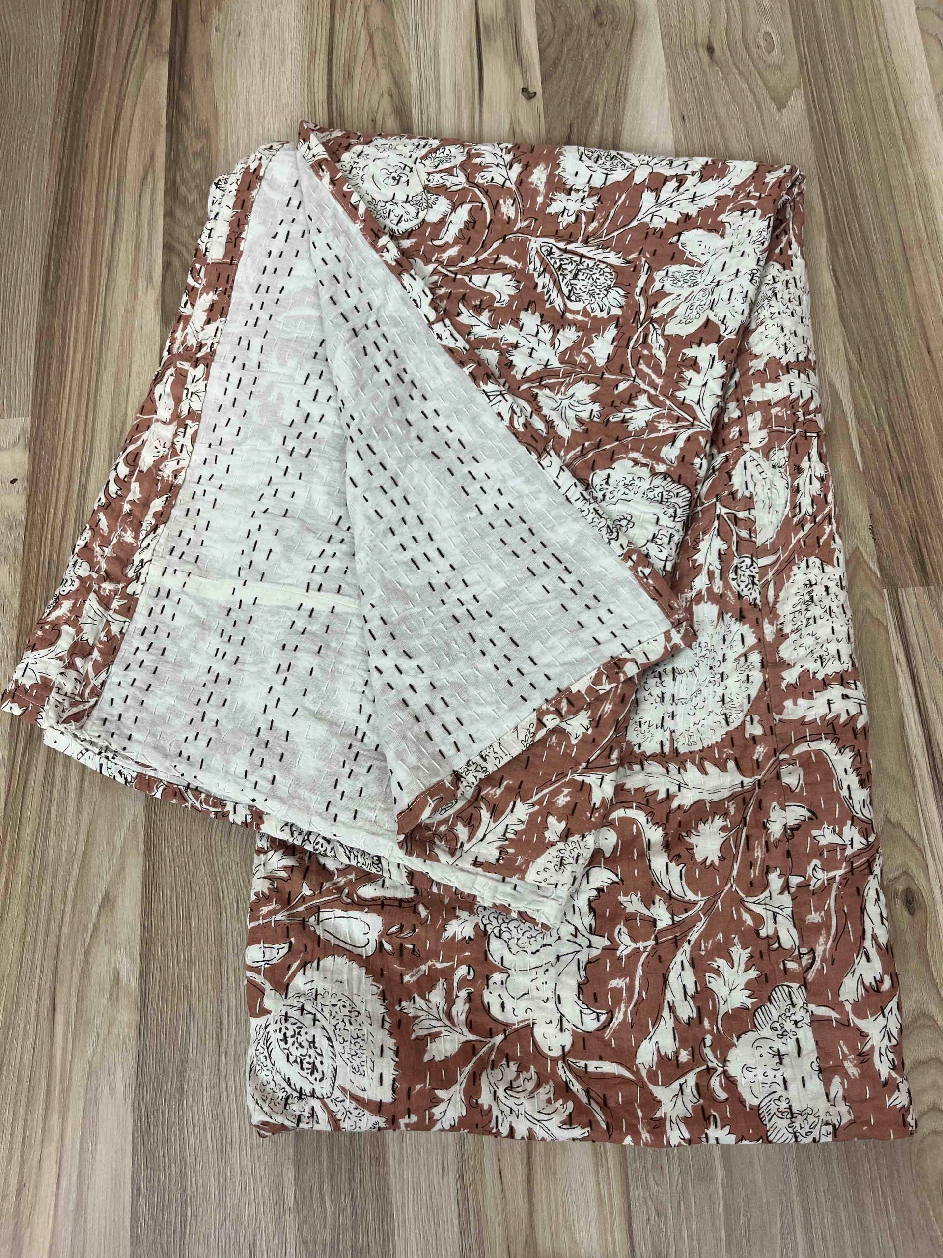 Brown Blooms Block Print Cotton Kantha Quilt (Events)