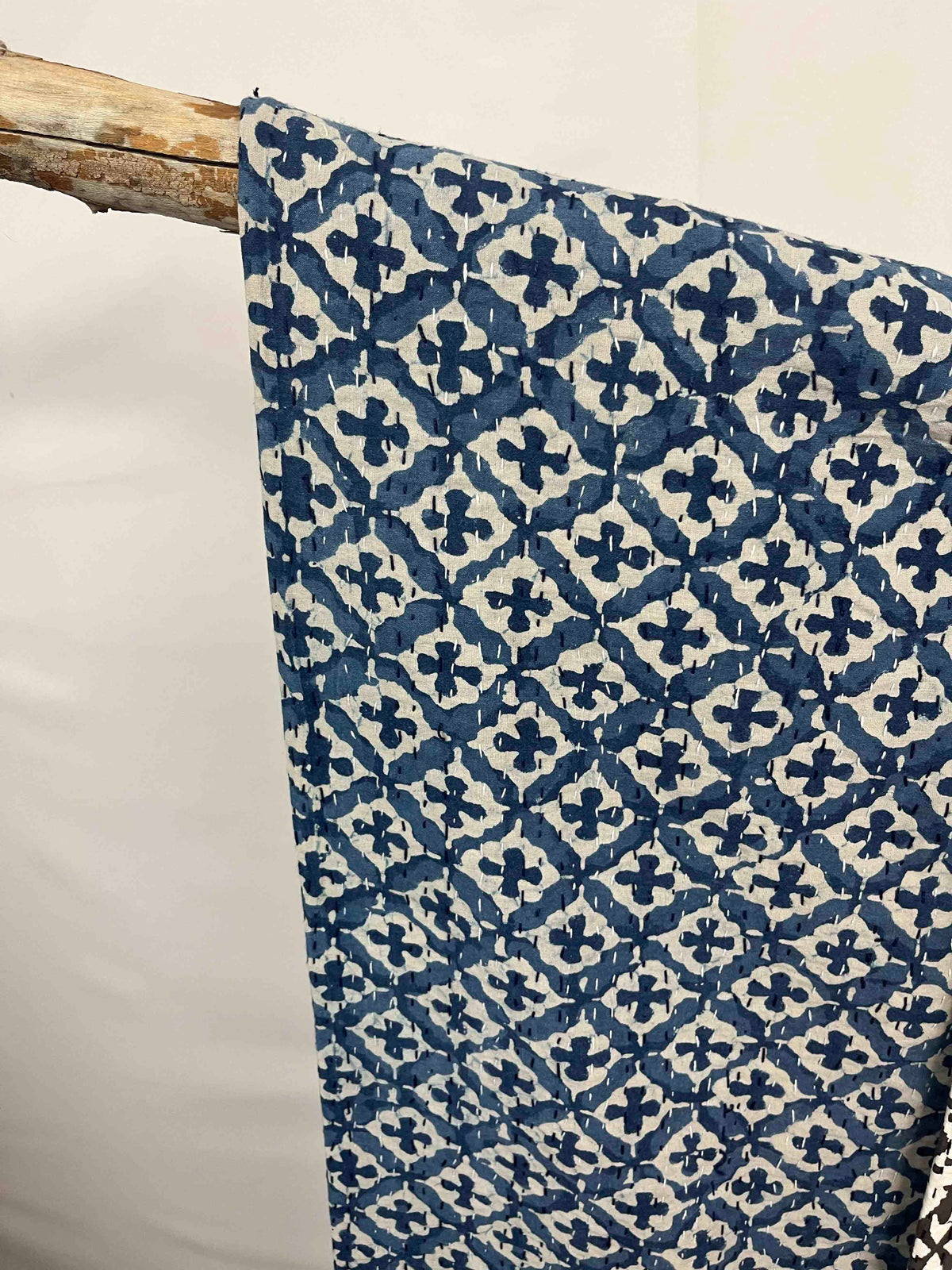Indigo Crosses Block Print Cotton Kantha Quilt
