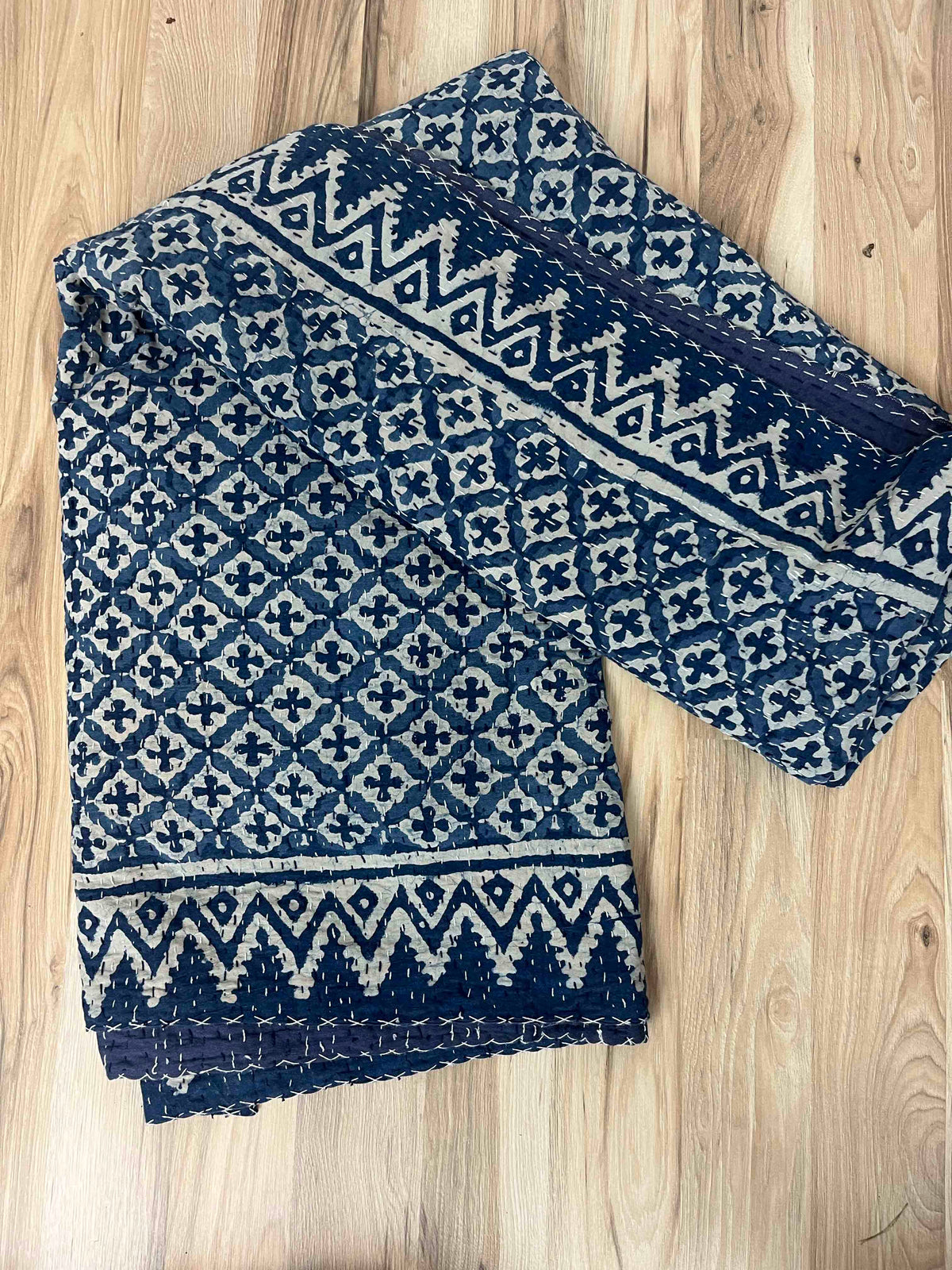 Indigo Crosses Block Print Cotton Kantha Quilt