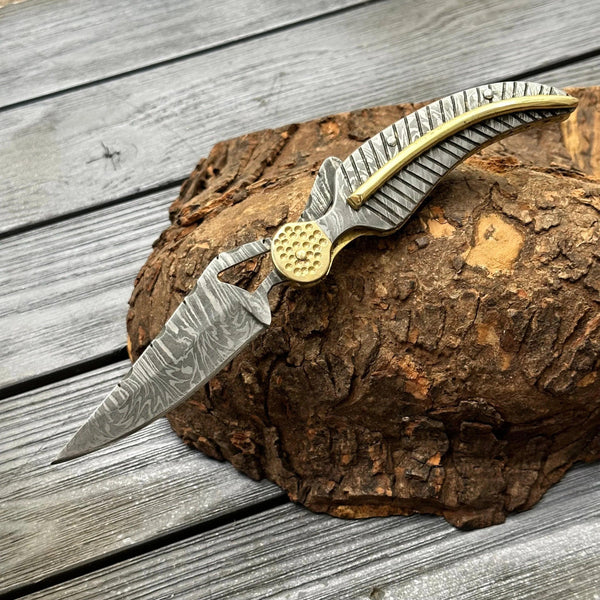 Elegance Handmade Personalized Damascus Folding Hunting Knife with Damascus Handle - Gifts for You 'n Me