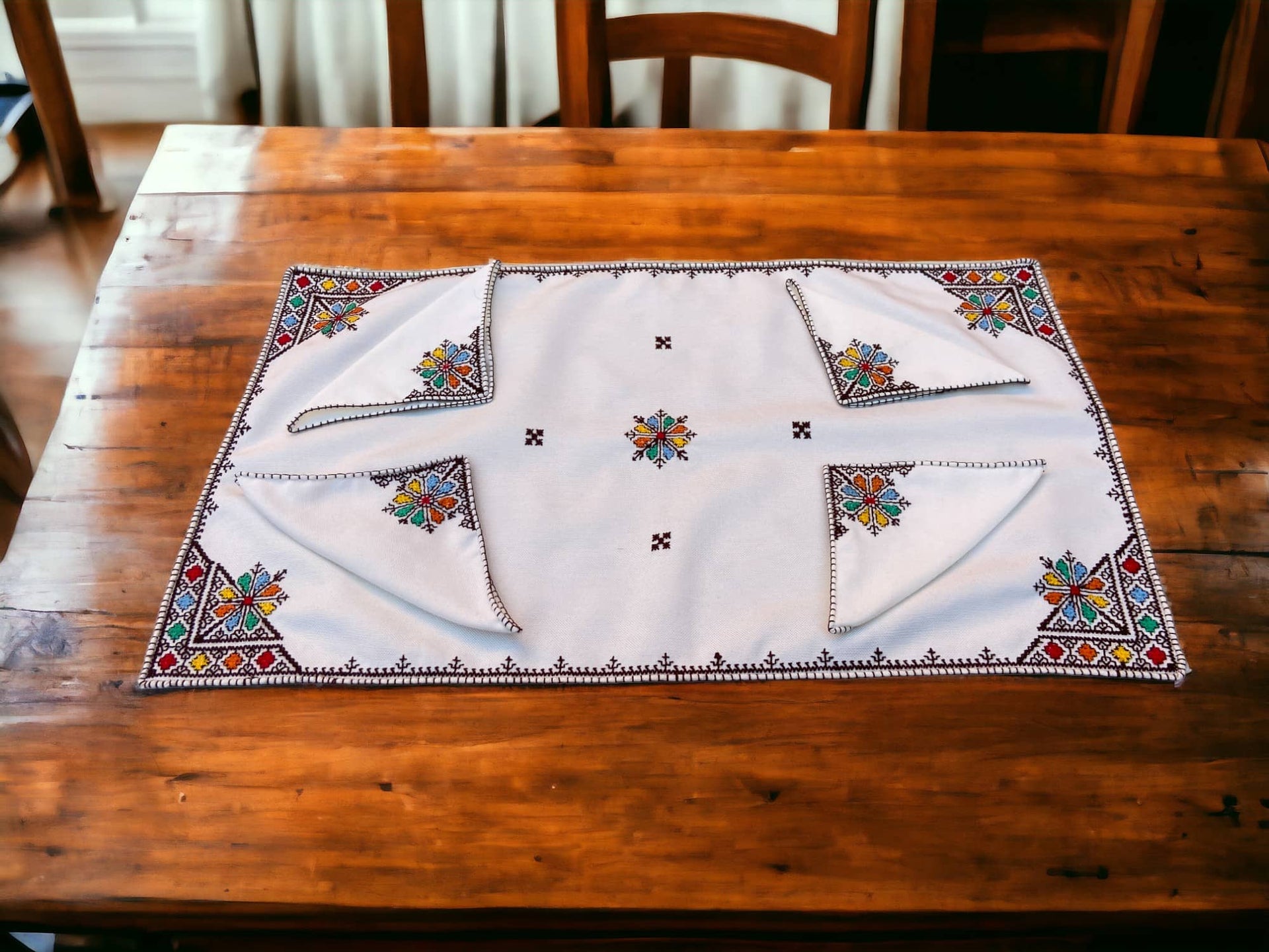 Embroidered Tray Cover & Napkins, Authentic Moroccan Hand embroidered linen Tray cloth + 6 napkins, Colorful Tray Cover, heartwarming gift.