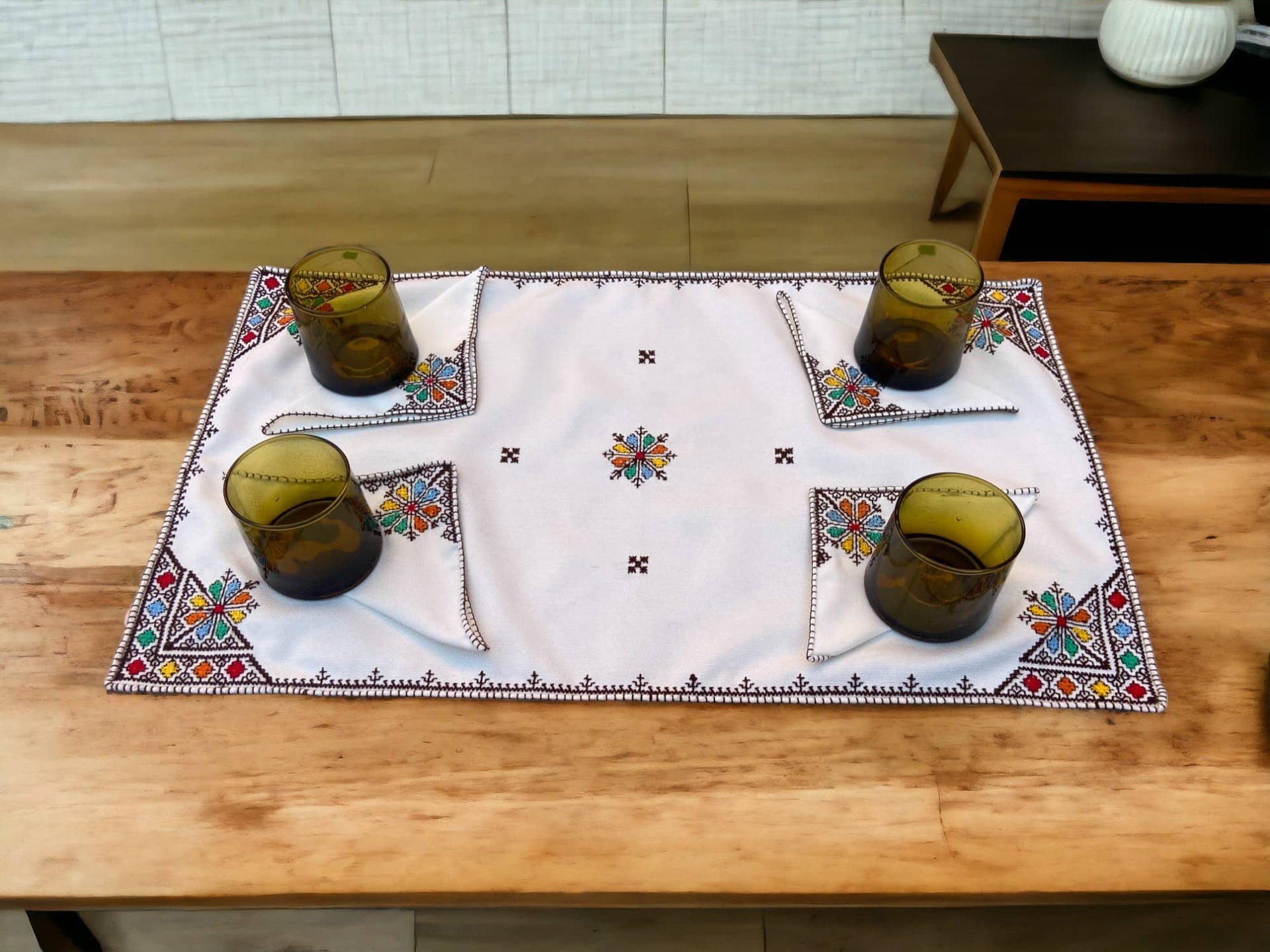 Embroidered Tray Cover & Napkins, Authentic Moroccan Hand embroidered linen Tray cloth + 6 napkins, Colorful Tray Cover, heartwarming gift.