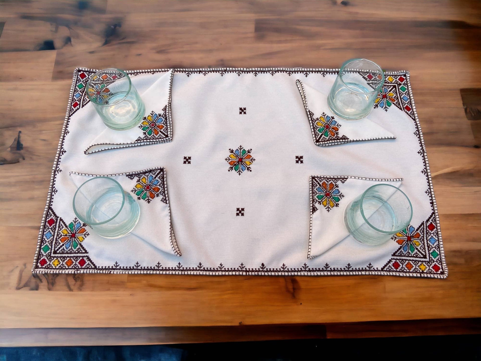 Embroidered Tray Cover & Napkins, Authentic Moroccan Hand embroidered linen Tray cloth + 6 napkins, Colorful Tray Cover, heartwarming gift.