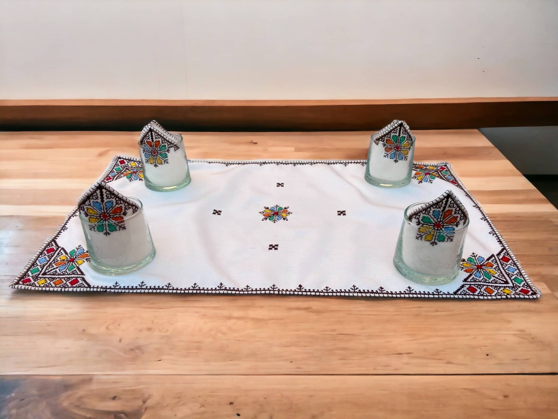Embroidered Tray Cover & Napkins, Authentic Moroccan Hand embroidered linen Tray cloth + 6 napkins, Colorful Tray Cover, heartwarming gift.