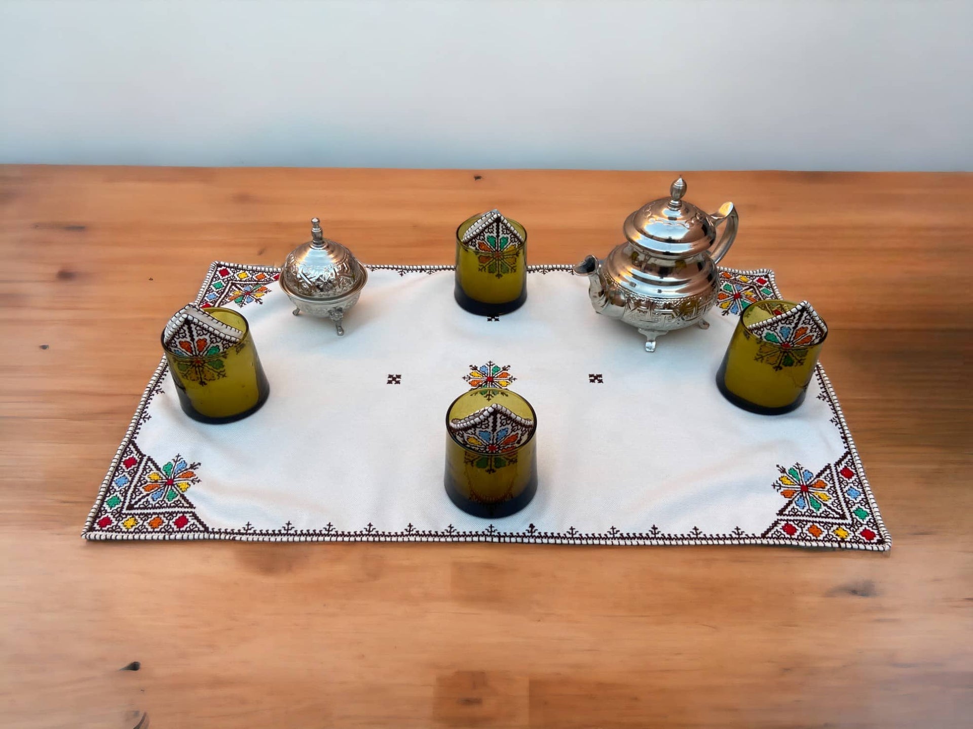 Embroidered Tray Cover & Napkins, Authentic Moroccan Hand embroidered linen Tray cloth + 6 napkins, Colorful Tray Cover, heartwarming gift.
