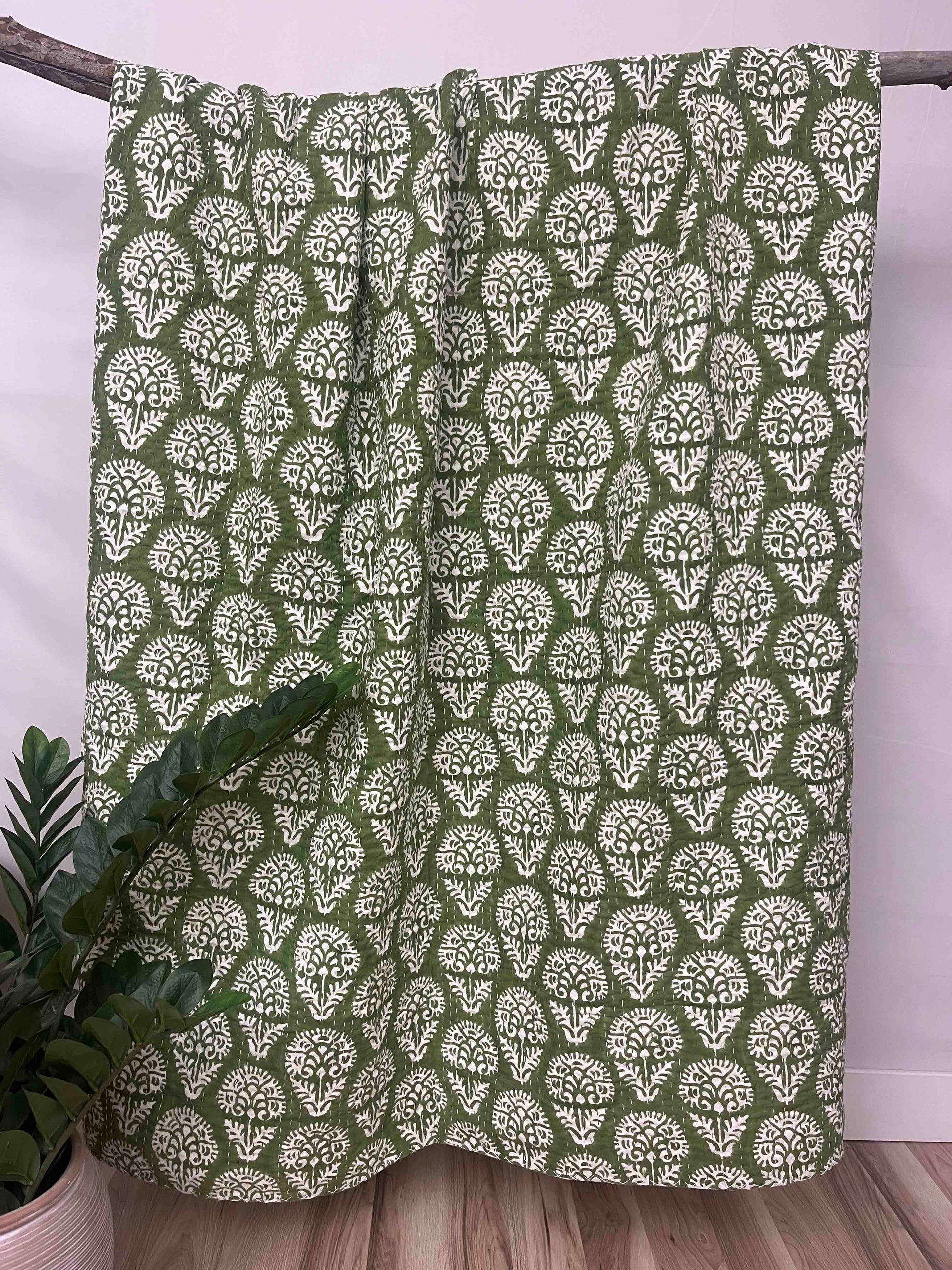 Emerald Dandelions Block Print Cotton Kantha Quilt