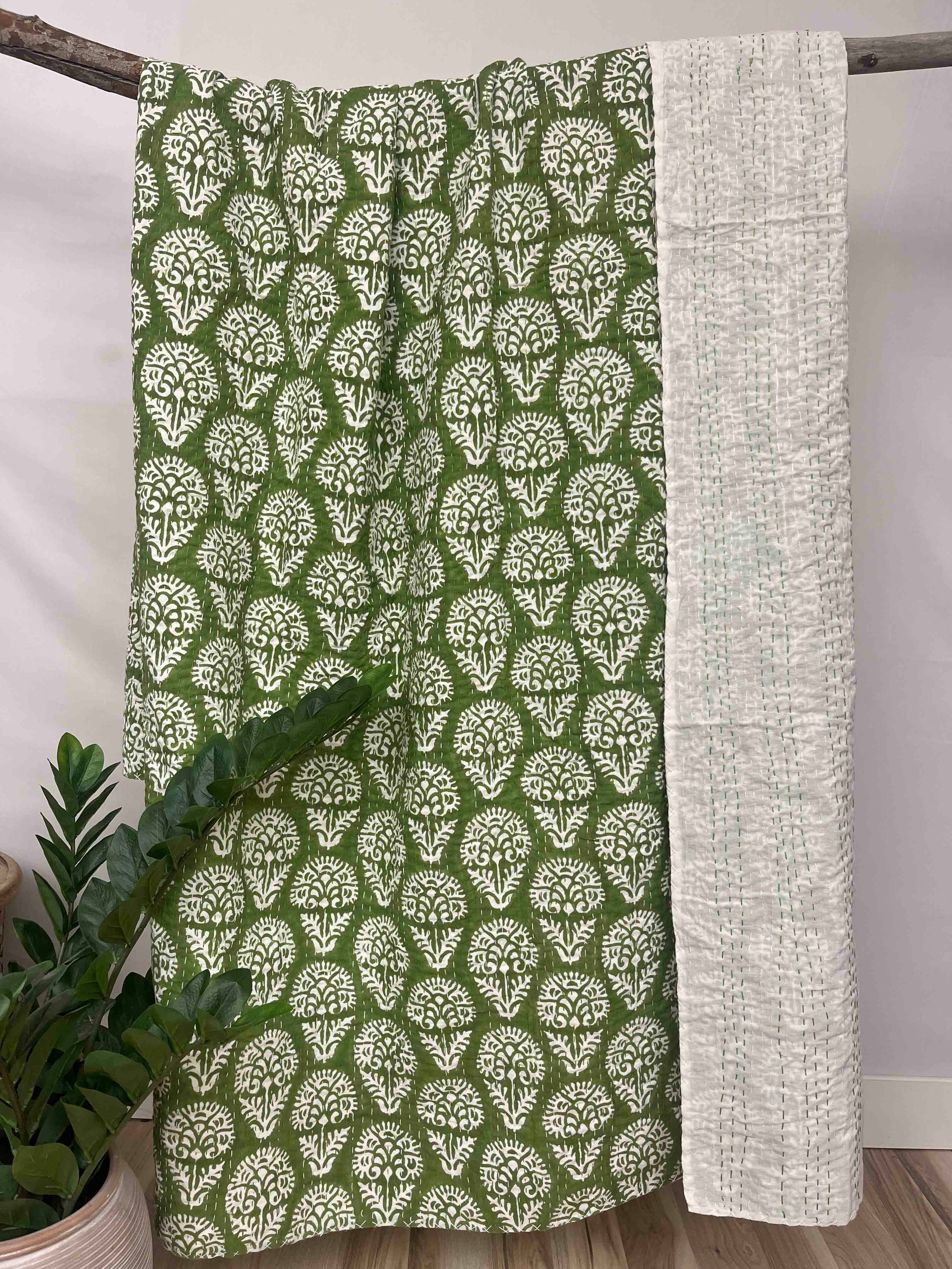 Emerald Dandelions Block Print Cotton Kantha Quilt