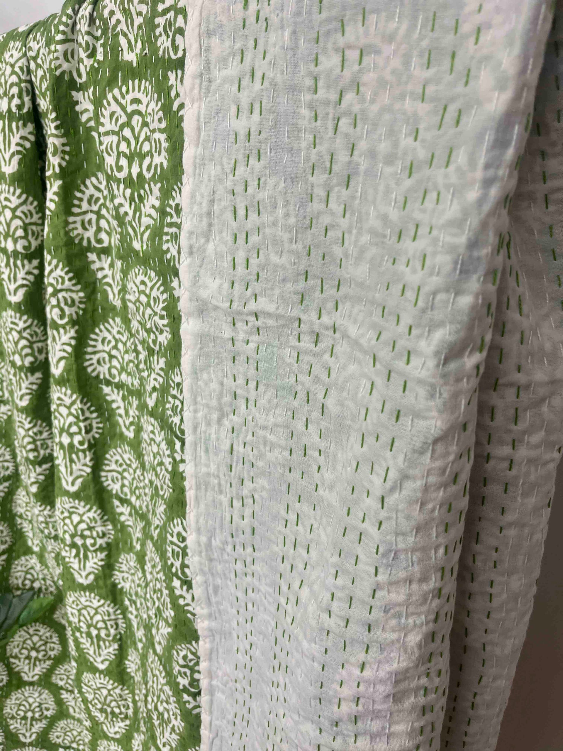 Emerald Dandelions Block Print Cotton Kantha Quilt