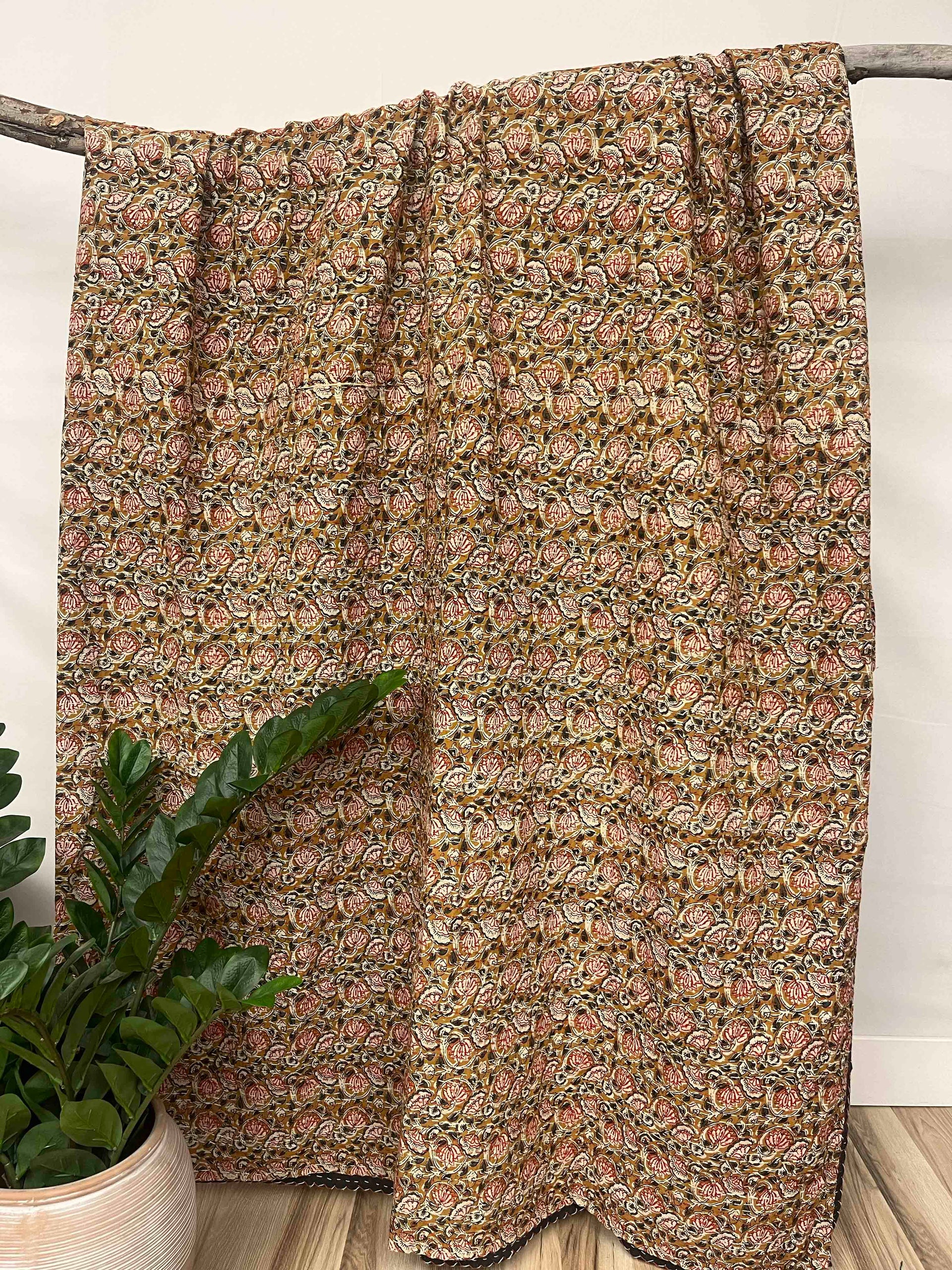 Olive Red Flowers Block Print Cotton Kantha Quilt (Events)