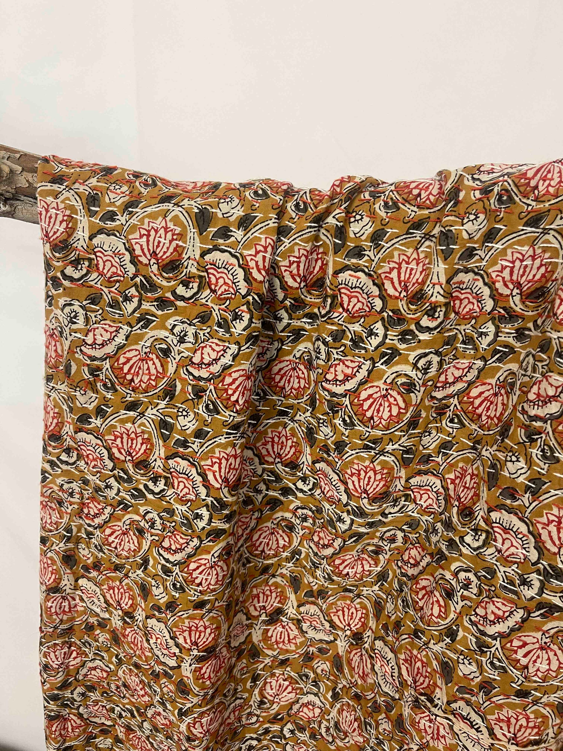 Olive Red Flowers Block Print Cotton Kantha Quilt (Events)