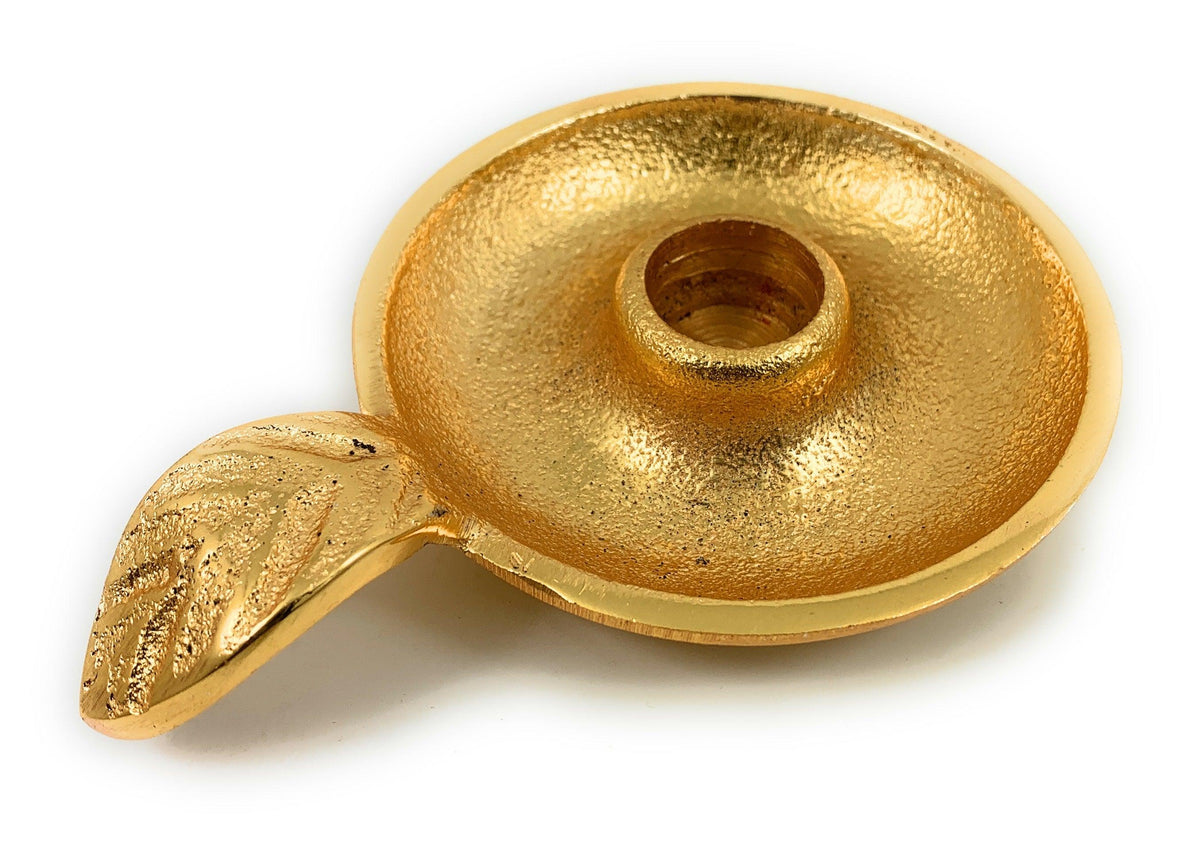 Vibhsa Gold Taper Candlestick Holder Dish | Leaf Handle, Rustic Gold, Aluminum