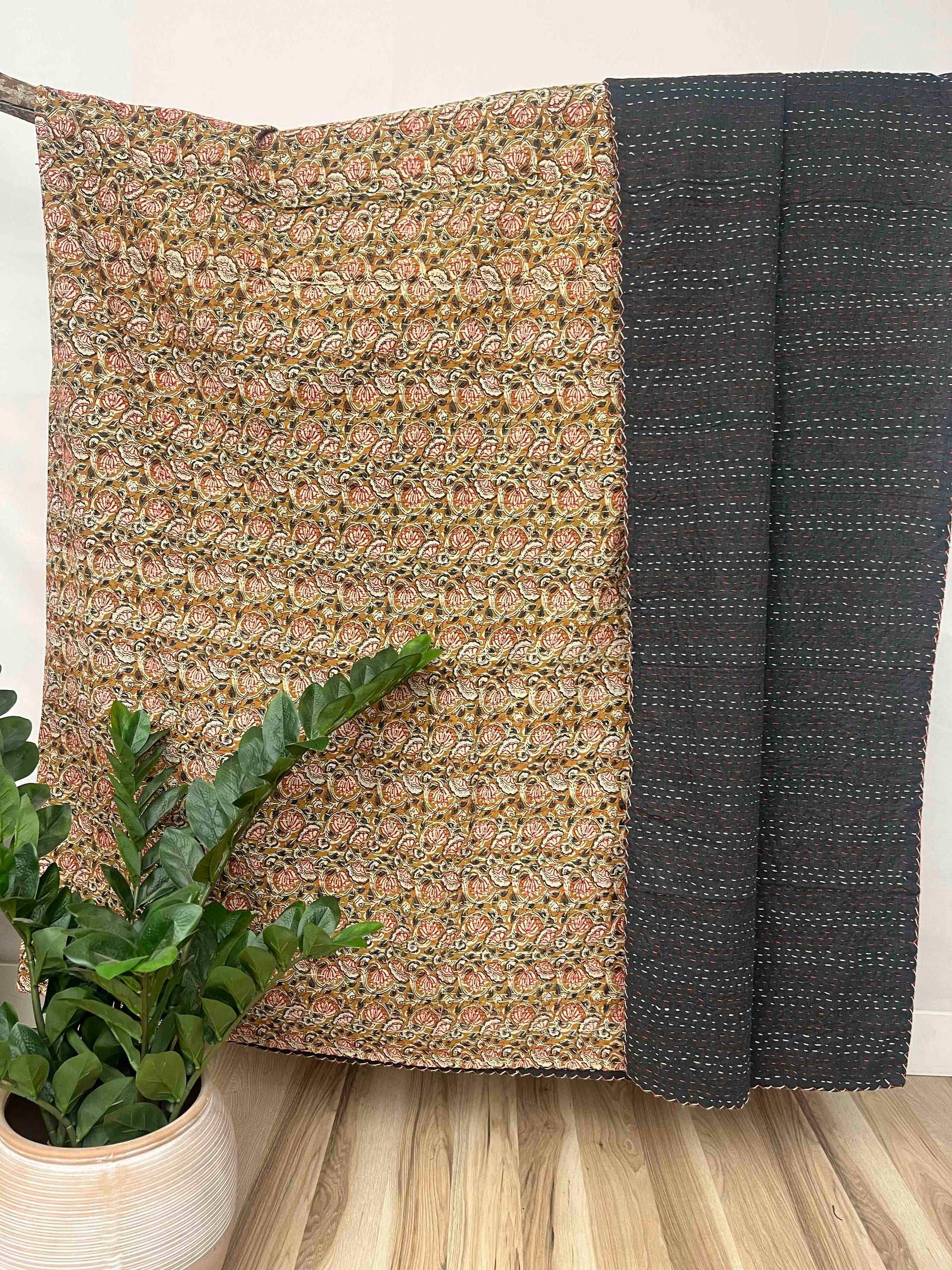 Olive Red Flowers Block Print Cotton Kantha Quilt (Events)