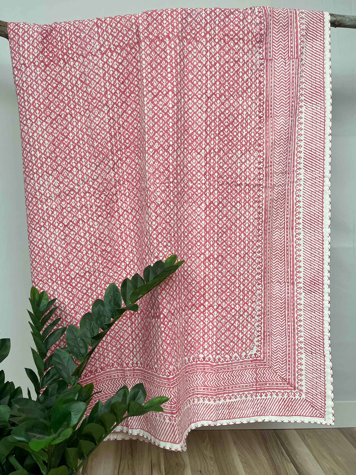 Pink Arrow Flower Block Print Cotton Kantha Quilt (Events)