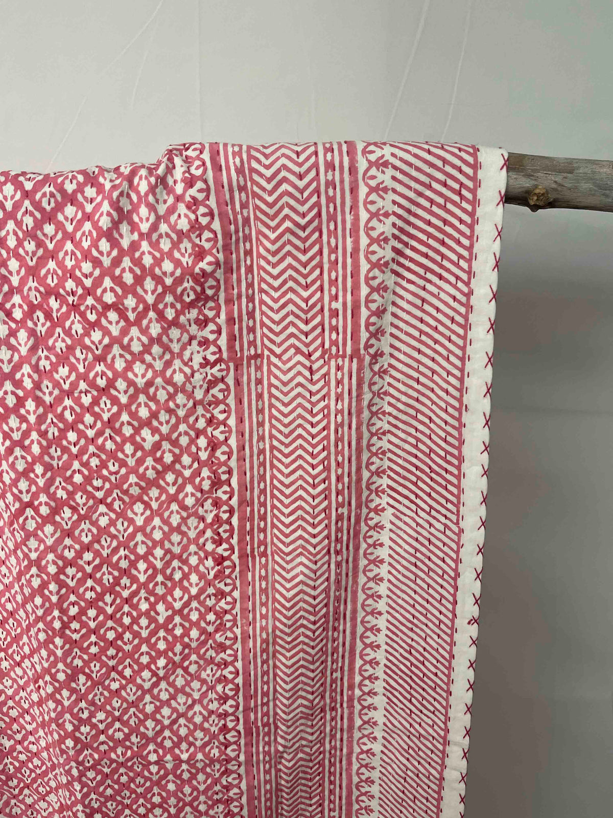 Pink Arrow Flower Block Print Cotton Kantha Quilt (Events)