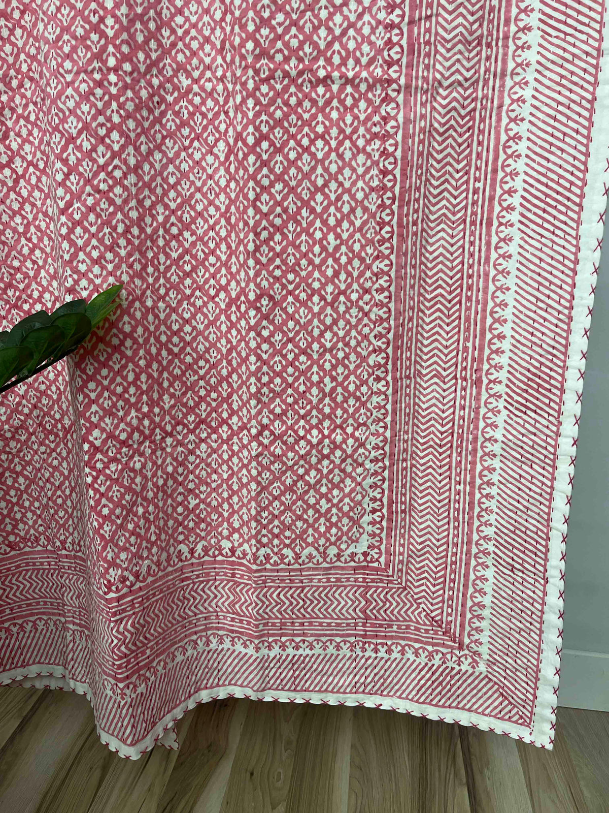 Pink Arrow Flower Block Print Cotton Kantha Quilt (Events)