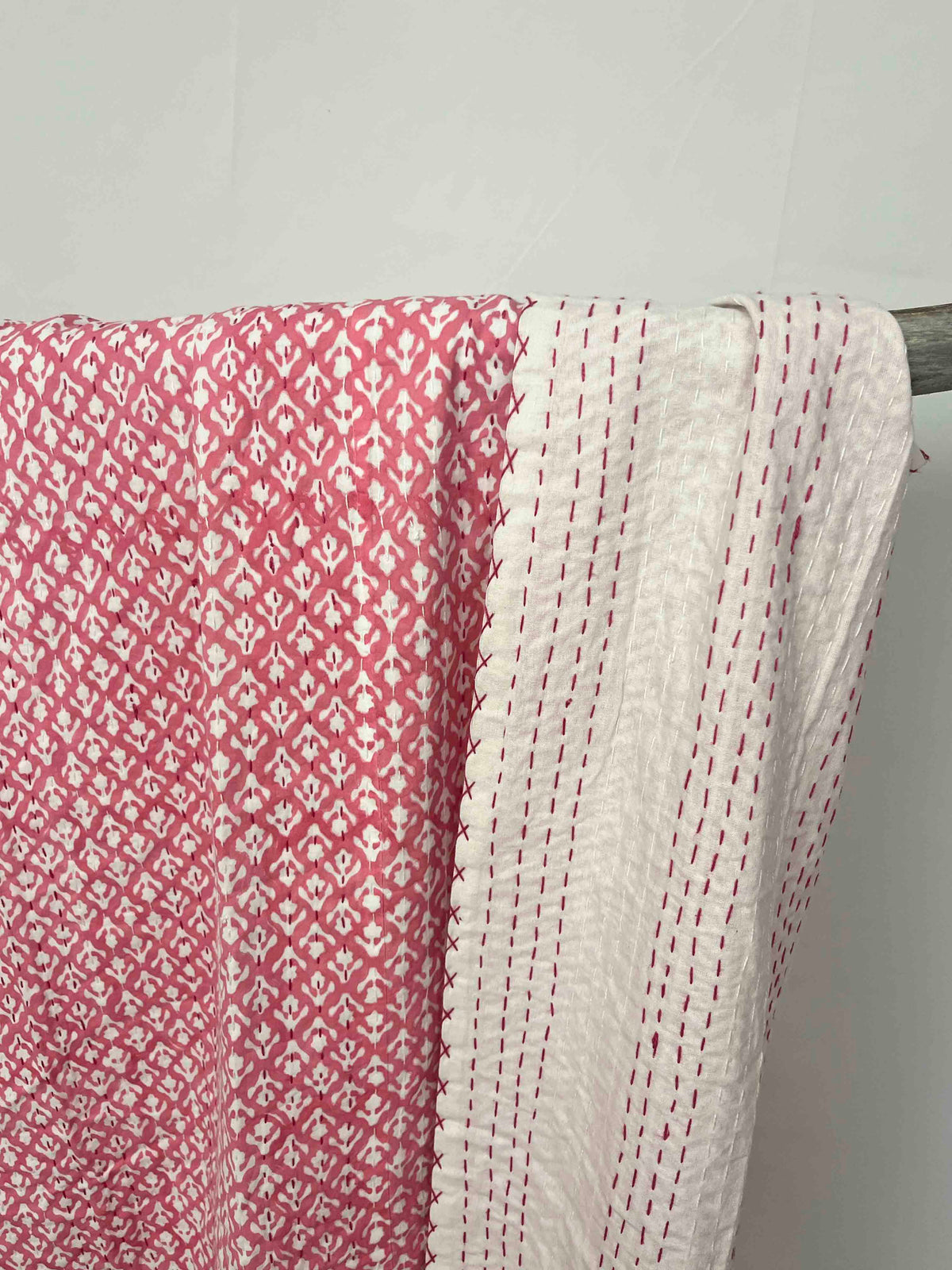Pink Arrow Flower Block Print Cotton Kantha Quilt (Events)