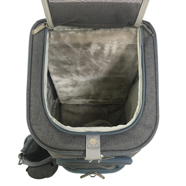 Gray pet carrier with open lid showing interior padding on a white background