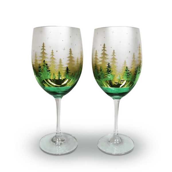 Green Pine Tree Wine Glasses Jersey Art Glass