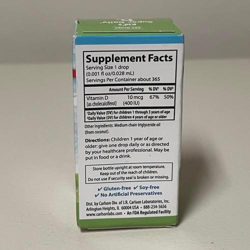 Carlson Kid's Super Daily D3 Liquid 400 IU, 0.35 fl oz, EXP 01/2027