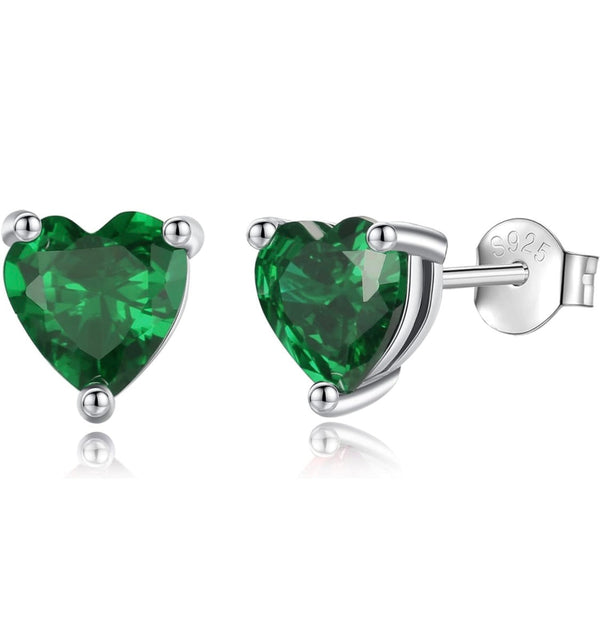 Solid Sterling Silver Created Gemstone Heart Stud Earrings - 8 Colors