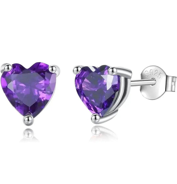 Solid Sterling Silver Created Gemstone Heart Stud Earrings - 8 Colors - Gifts for You 'n Me