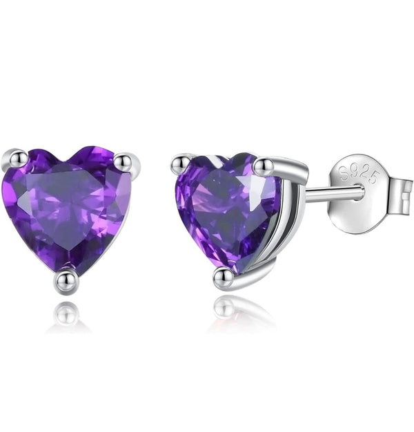 Solid Sterling Silver Created Gemstone Heart Stud Earrings - 8 Colors
