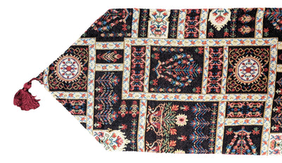 DaDalogy Bedding Elegant Woven Mughal Floral Tapestry Table Runner, Dark Noir Botanical Vintage Fleur (18197)