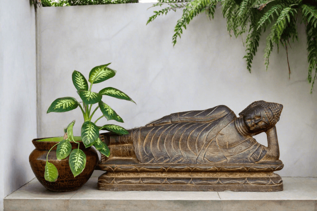 Black Stone Asian Reclining Carved Buddha