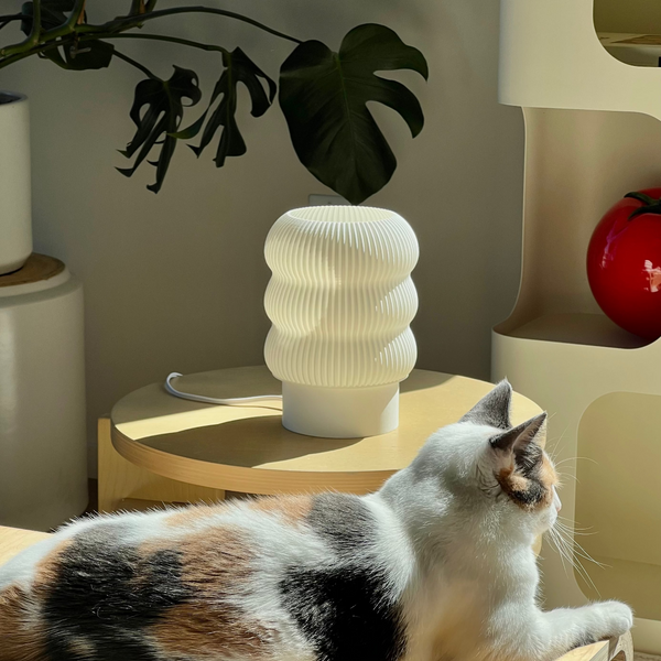 Calico cat sitting on a table next to a textured white lamp with a plant in the background.