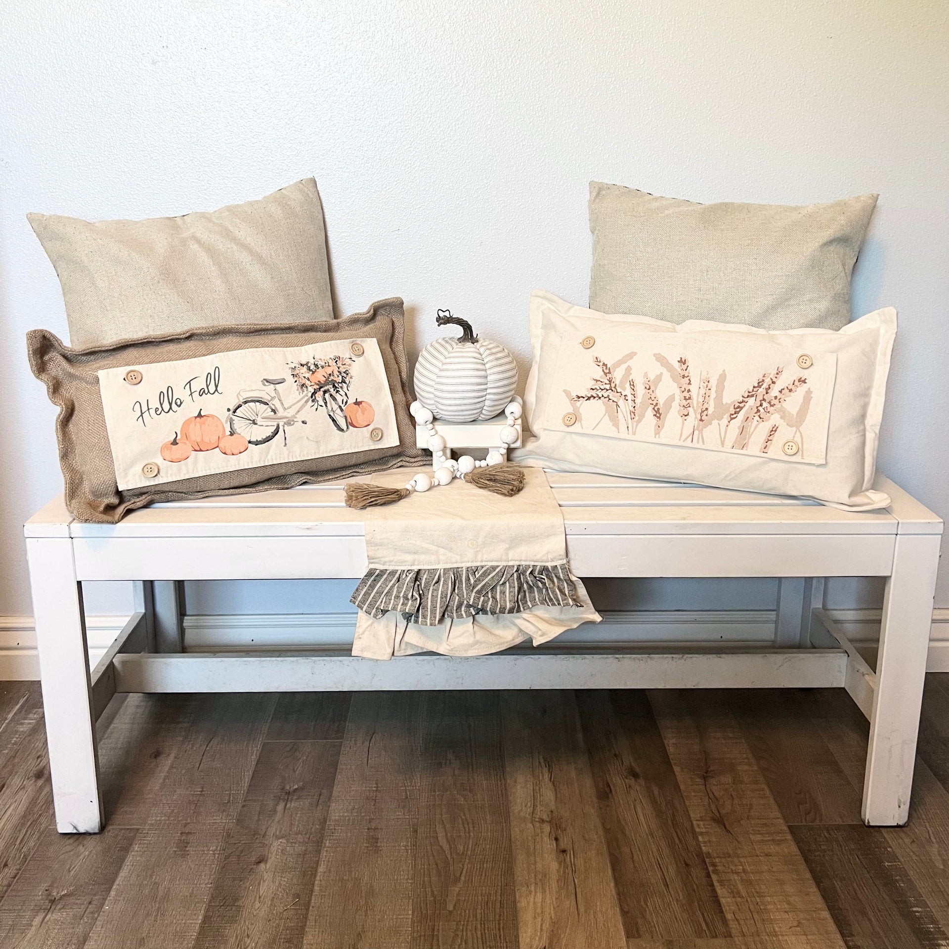 2 PANELS & RUNNER BUNDLE: RECTANGLE Holiday Panel Thanksgiving November Fall Autumn, farmhouse charcoal runner: HARVEST WHEAT / VINTAGE FALL PUMPKIN BIKE + CHARCOAL/CREAM TABLE RUNNER