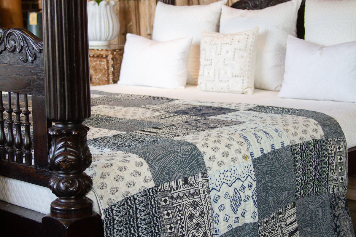 Indigo Block Print Cotton Indian Blanket