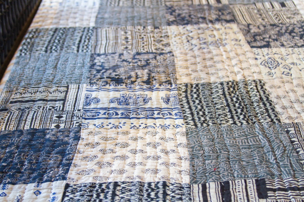 Indigo Block Print Cotton Indian Blanket
