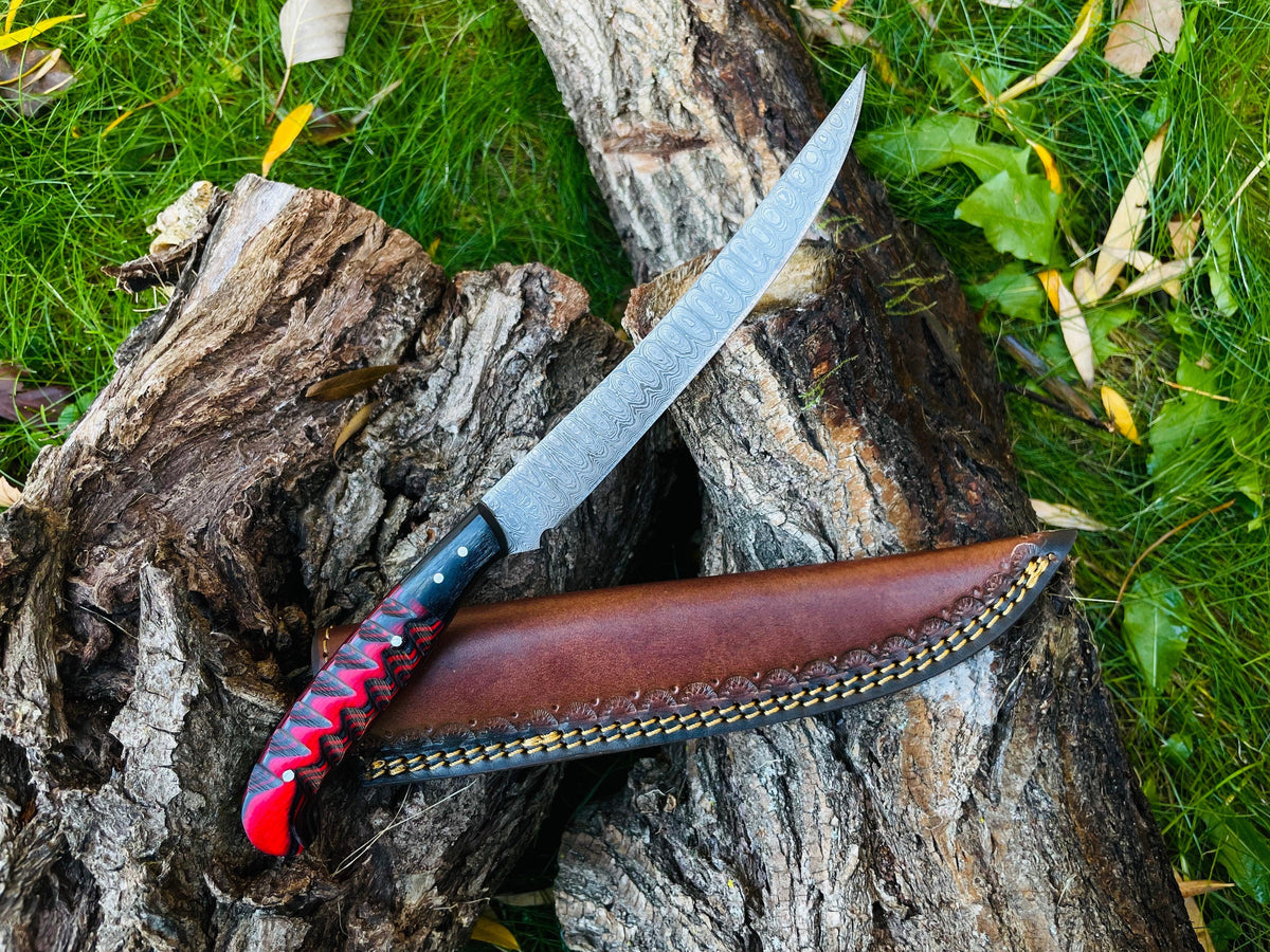 Damascus Steel Custom Flay Knife with Craved Grips TK-051