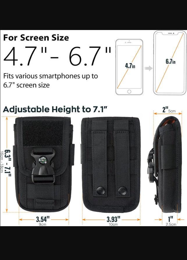 Tactical MOLLE Phone Pouch for 4.7 to 6.7 in Phones, Compass Buckle, Black, with Flag Patch and Keychain