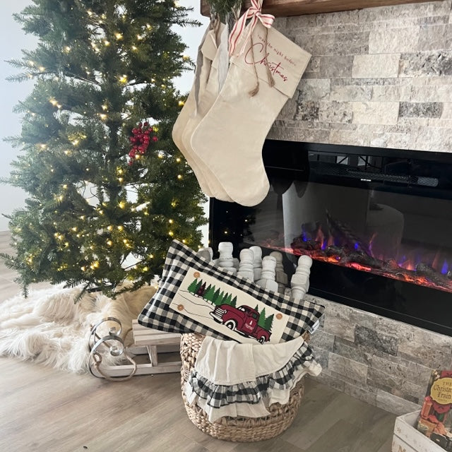 PANEL ONLY:  RECTANGLE Holiday Panel: Winter, Trees,  Father's Day Dad  Vintage; Christmas Red Buffalo PLAID TREE TRUCK