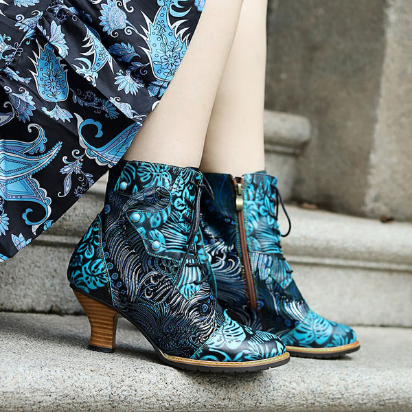 Blue Embossed Leather And Warm Brocade Comfy Ankle Boots