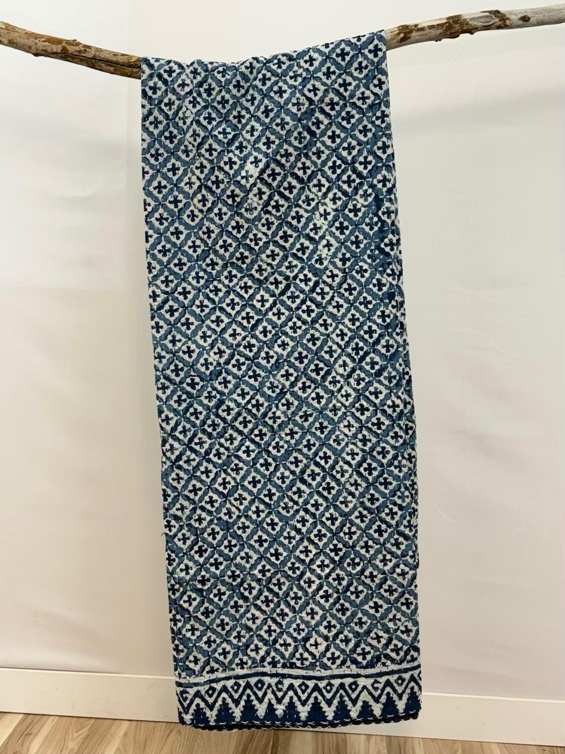 Indigo Crosses Block Print Cotton Kantha Quilt