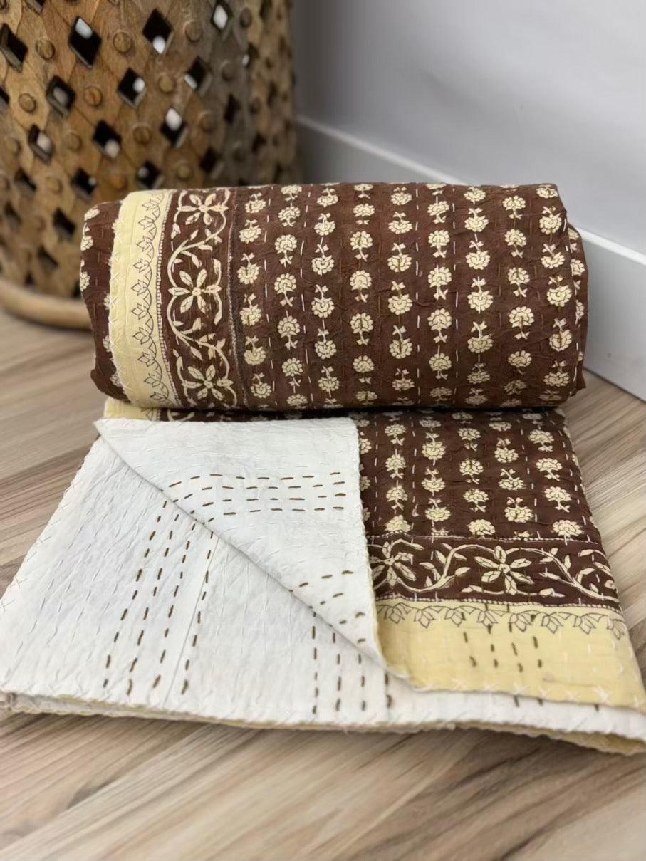 Brown Harvest Block Print Cotton Kantha Quilt
