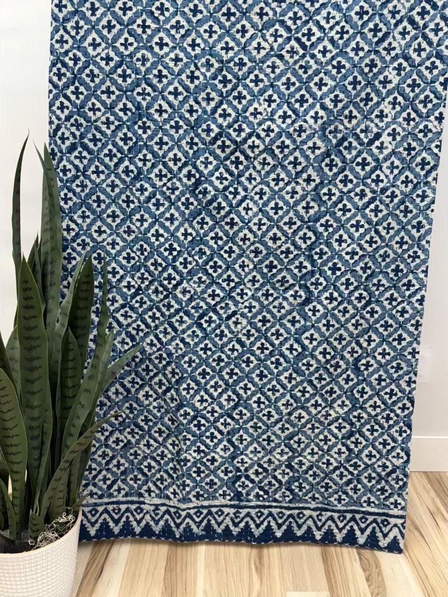Indigo Crosses Block Print Cotton Kantha Quilt