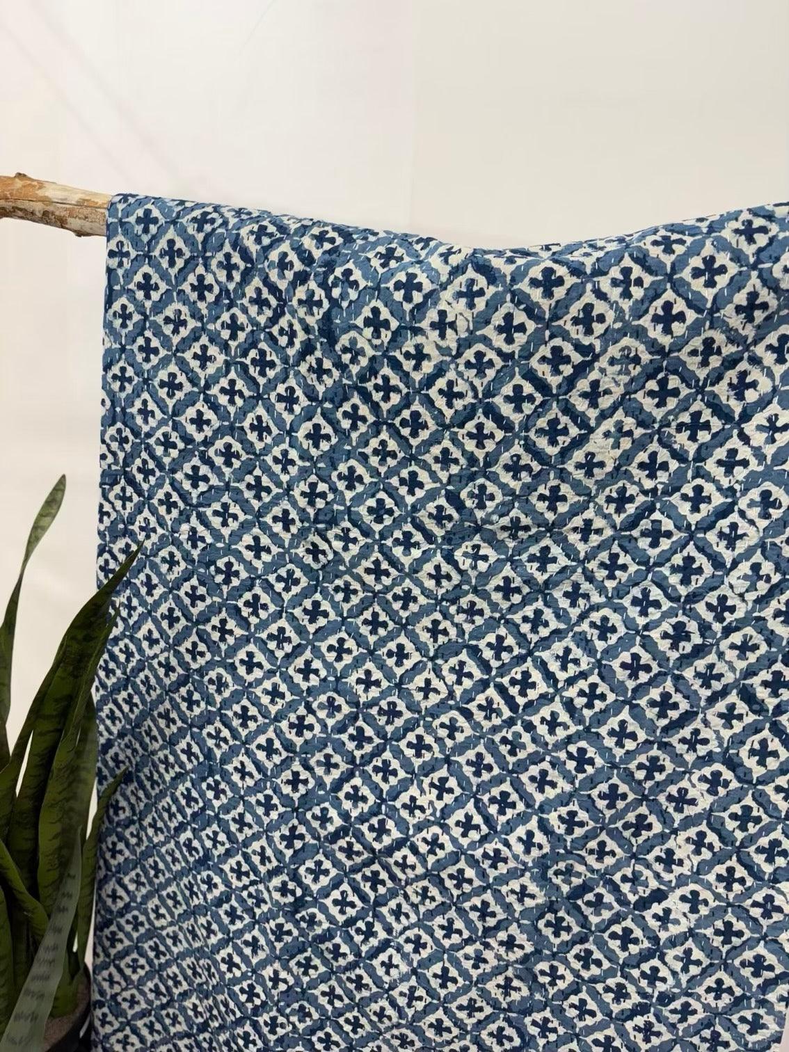 Indigo Crosses Block Print Cotton Kantha Quilt