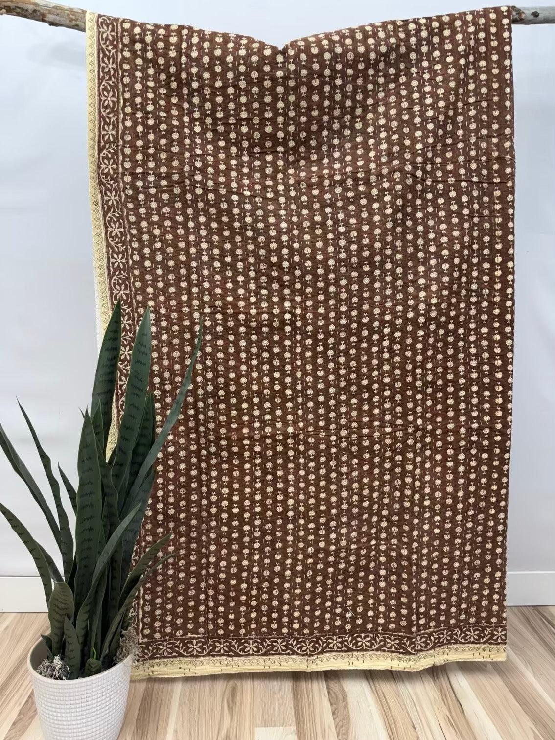 Brown Harvest Block Print Cotton Kantha Quilt