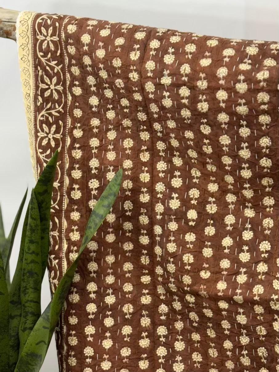 Brown Harvest Block Print Cotton Kantha Quilt