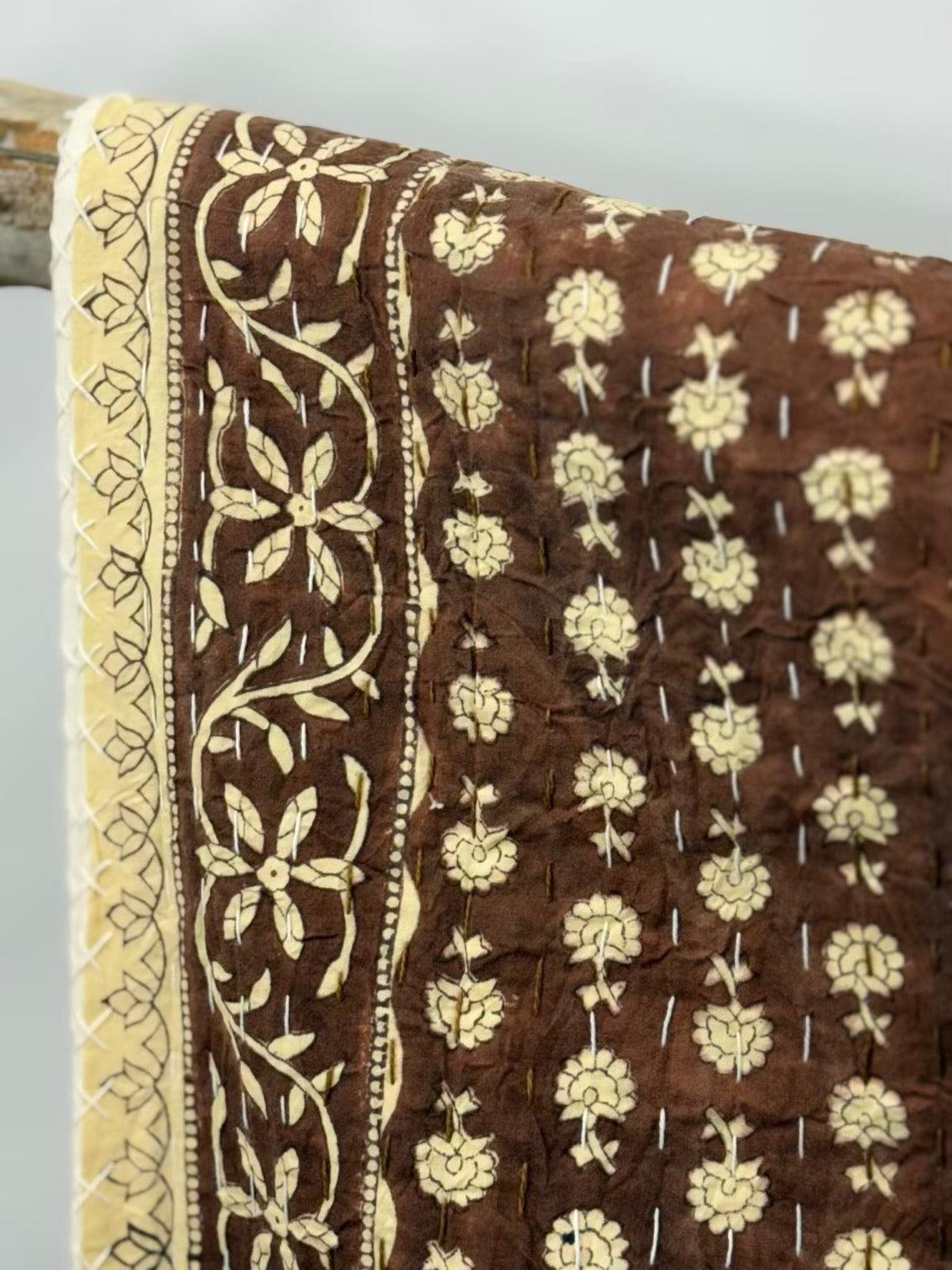 Brown Harvest Block Print Cotton Kantha Quilt