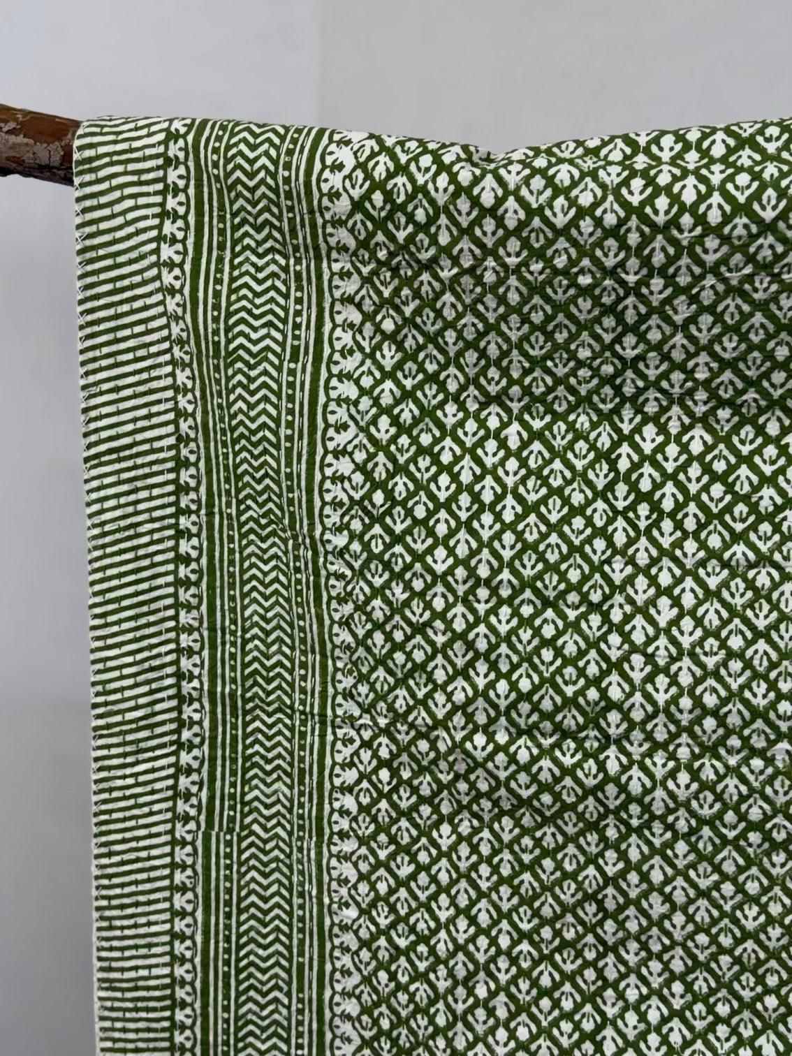 Antique Roses Block Print Cotton Kantha Quilt
