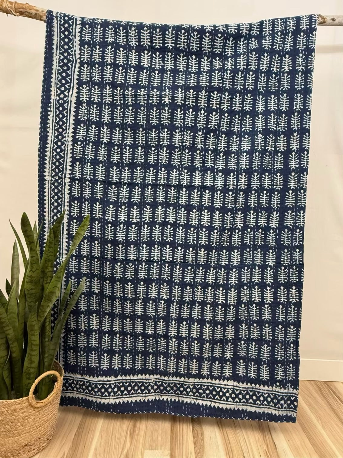 Indigo Sundar Block Print Cotton Kantha Quilt